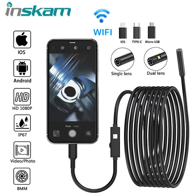 2MP Endoscope Camera IP67 Waterproof 8 MM Hard Wire Pipeline Inspection Borescope With 8 Adjustable LED For IOS Iphone Android