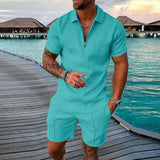 Men's Athletic T-Shirt Set Casual Lapel Short Sleeve Pullover Zip Up T-shirt Shorts 2-Piece Sets Men's Solid Sporty Suits