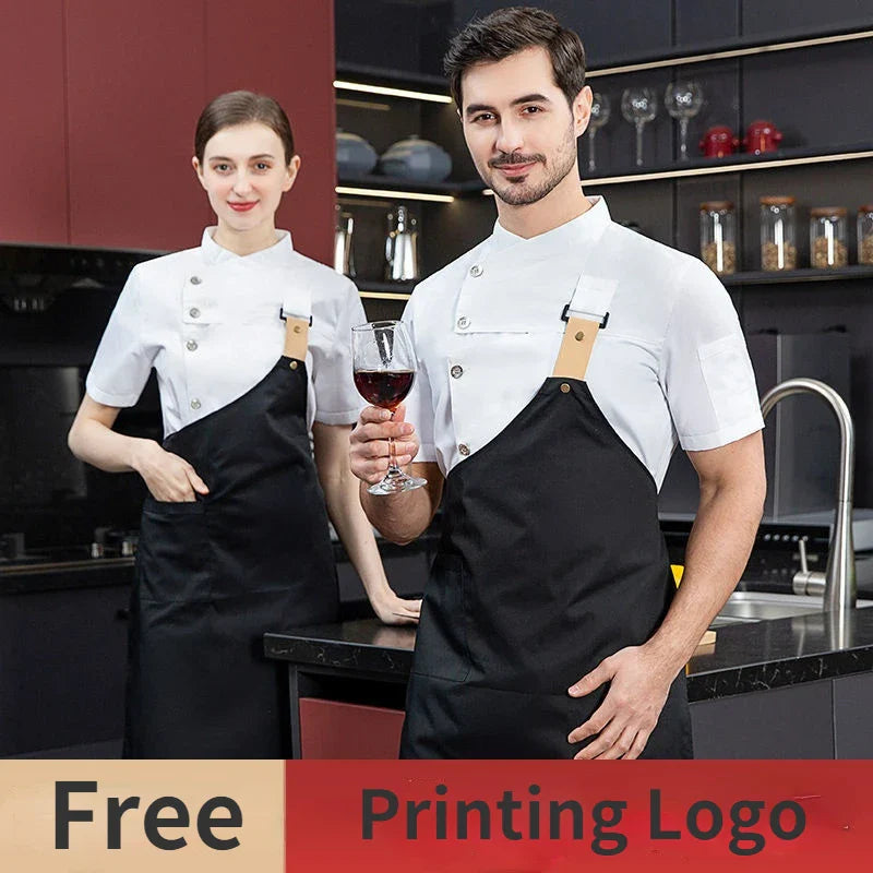 Men Grey Chef Coat Logo short Sleeve Chef Jacket Apron for Summer Head Chef Uniform Restaurant Hotel Kitchen Cooking Clothes