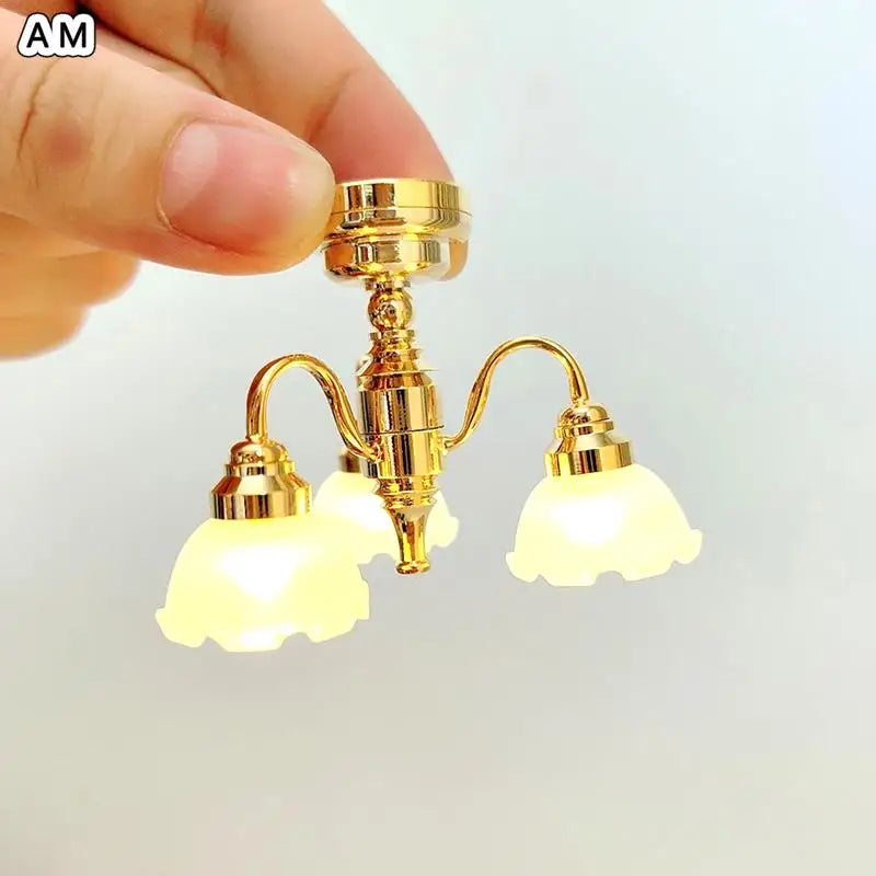 1:12 Dollhouse Miniature Led Golden Ceiling Lamp Chandelier Home Lighting Model Furniture Decor Toy Doll House Accessories