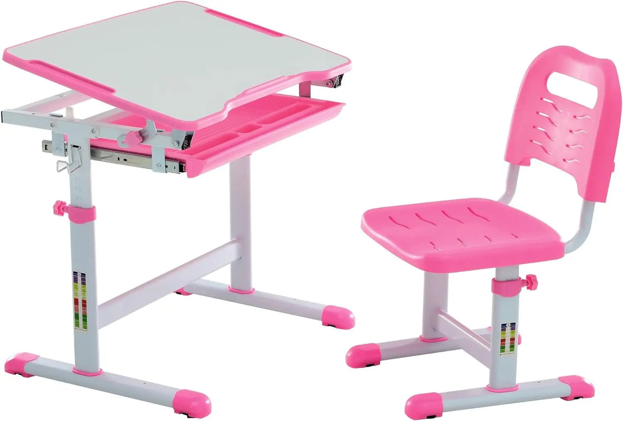 Kids Multifunctional Desk and Chair Set, Height Adjustable Children School Study Desk with Tilt Desktop, Metal Hook and Storage