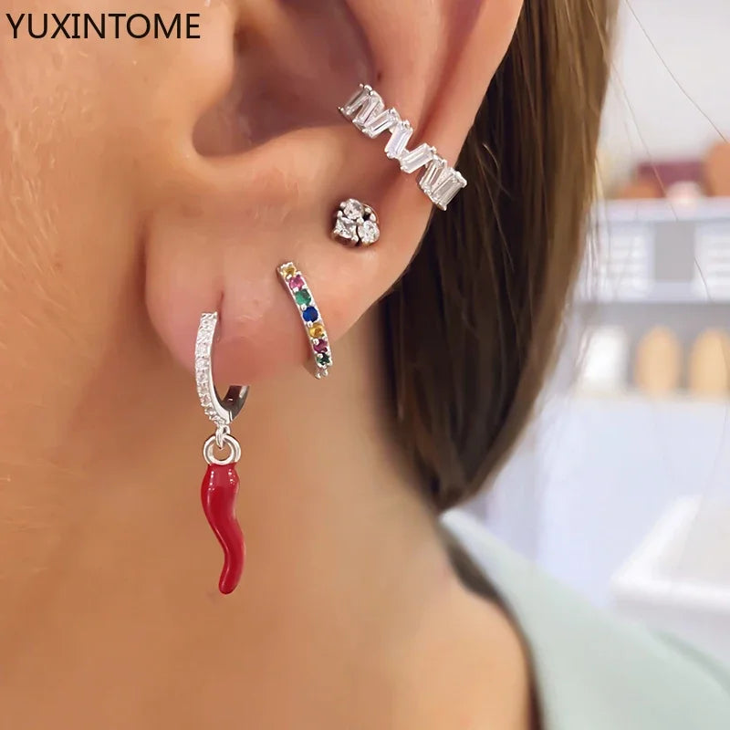 Yellow Red Small Chili Hoop Earrings For Women Girl Creative 925 Sterling Silver Ear Buckle Earrings Gifts Female Jewelry