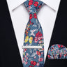 Yourties Men's Cotton Champagne Necktie with Clip Pocket Square Set for Wedding Business Causal Blue Floral Print Tie for Man