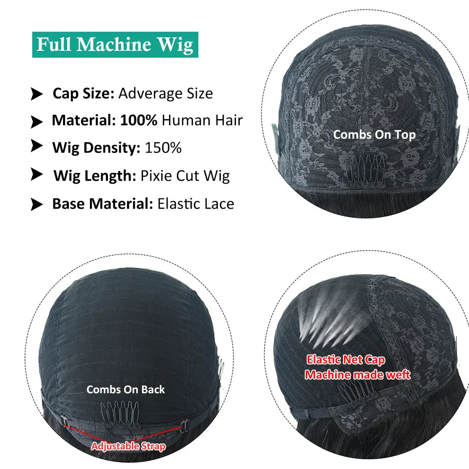 Short Pixie Cut Remy Human Hair Wigs Ready To Wear Glueless Straight Natural Color Full Machine Made Bob Wig With Bangs