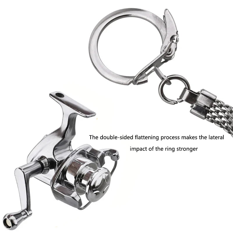 1Pcs Alloy Fishing Reel Drum Pendant Keychain Key Ring Outdoor Small Fishing Tackle Mini Miniature Sea Fishing Spinning Wheel