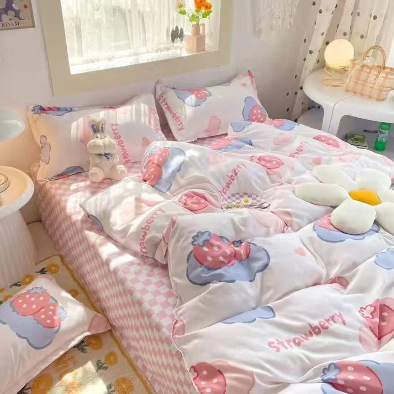 Ins Simple Style Duvet Cover Set with Pillowcases Flat Sheet No Comforter Grey Boys Girls Bedding Kit Single Twin Bed Linens