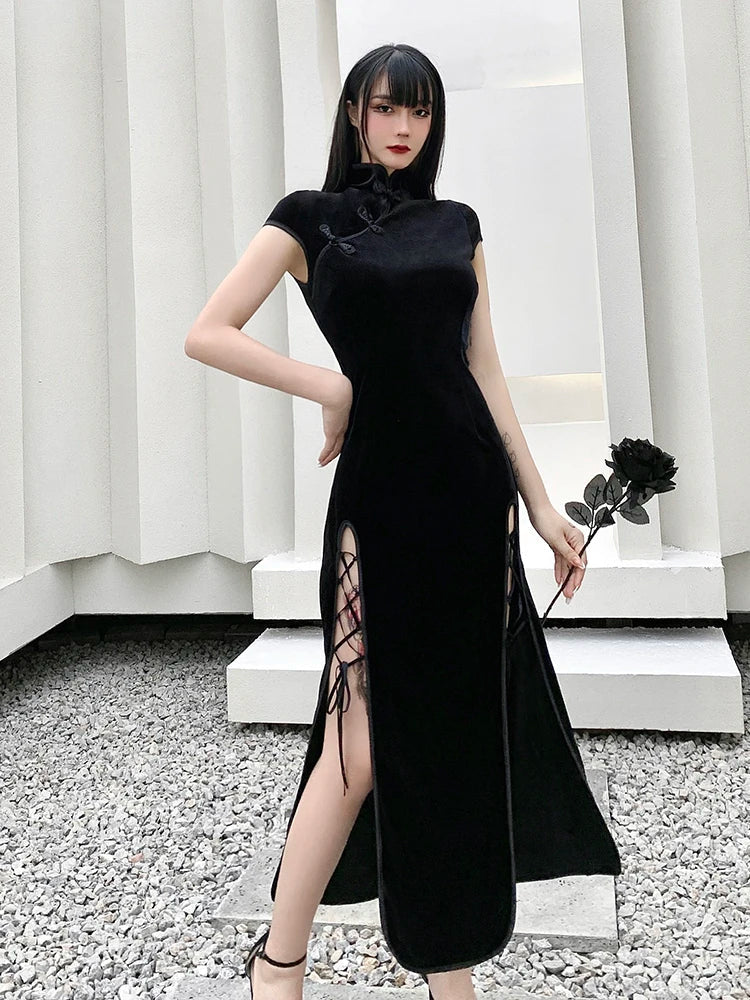 Goth Dark Romantic Gothic Velvet Aesthetic Dresses Vintage Women Black Bandage SlitHem Bodycon Dress Sexy Evening Wear Cheongsam