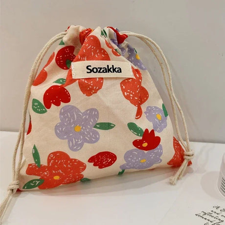 Cotton Fabric Floral Small Drawstring Bags Lipstick Toiletry Makeup Organizer Coin Pocket Bags Purse Keys Earphone Storage Bag