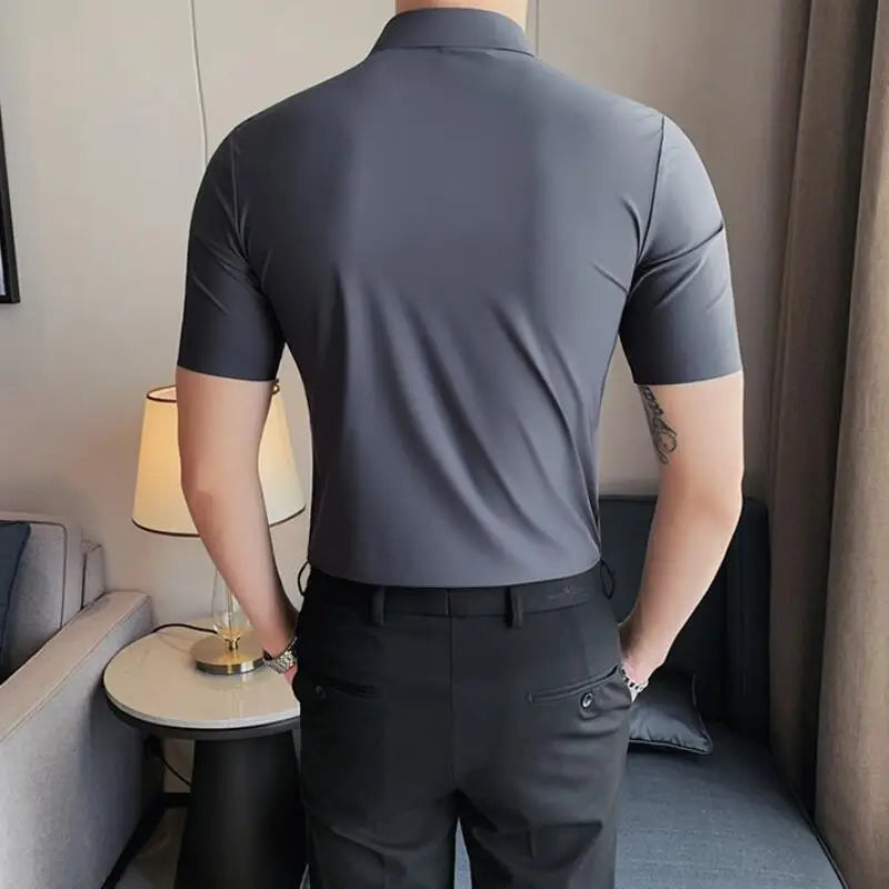 Men Short sleeve Shirt 2023 Summer New Thin Breathable High Elastic Slim Fit Solid Casual Formal Dress Shirt Korean Men Clothing