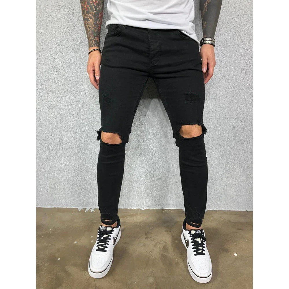 Distressed Knee Holes Elastic Skinny Jeans Men Ripped Biker Denim Pants Solid Washed Streetwear Black Pantalones Hombre Joggers