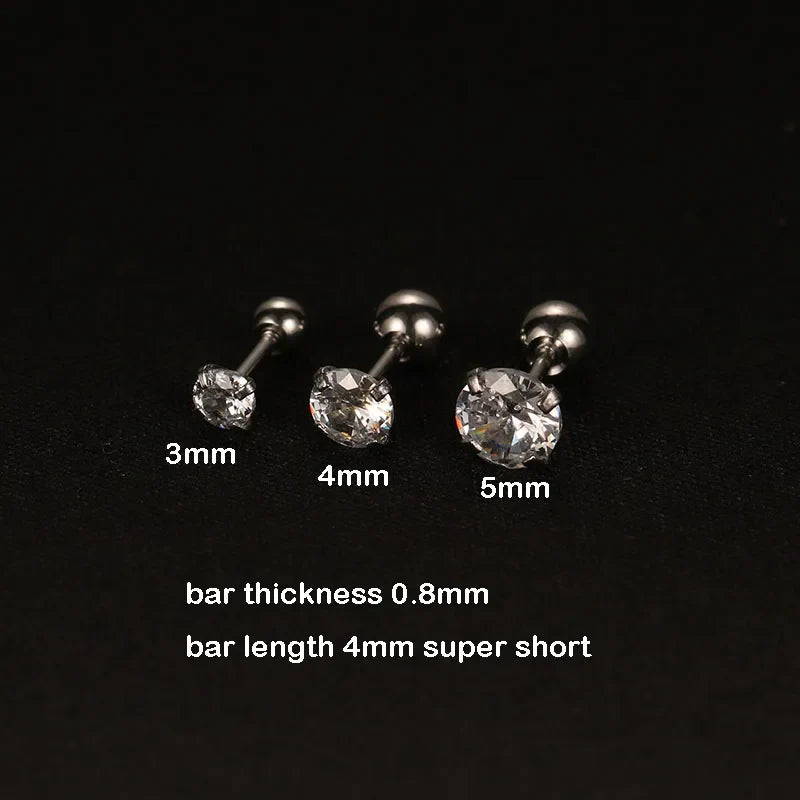 2PCS 4mm Short Ear Studs Earring Outside Upper Helix Earrings Titanium Steel CZ Crystal 3mm 4mm 5mm Mix Colors 0.8mm 20G Screw