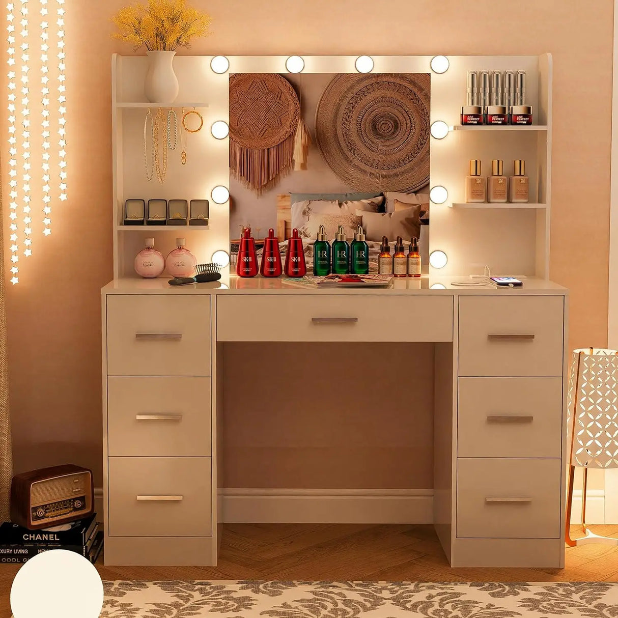 Quimoo Large Vanity Desk with LED Lighted Mirror & Power Outlet,Makeup Vanity Table with 7 Drawers,4 Shelves and 5 Hooks