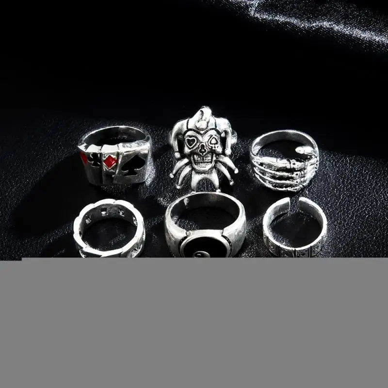 6Pcs Punk Poker Joker Silver Color Rings Set for Men Goth Skeleton Billiards Set Couple Emo Fashion Jewelry Anillos Hombre