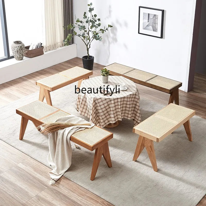 Solid Wood Rattan Home Shoe Changing Stool Modern Nordic Homestay Rattan Chair Simple Tailstock Dining Table Bench