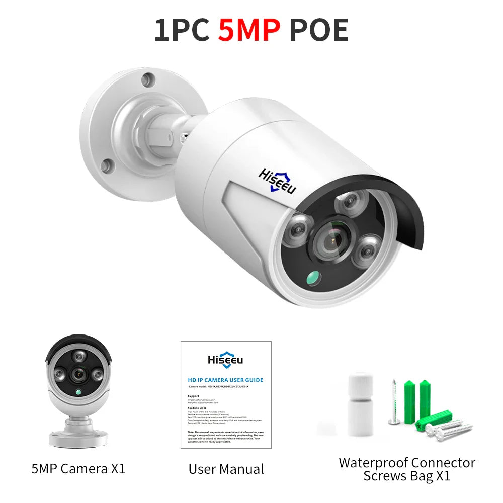 Hiseeu 5MP 4MP Audio IP Security Surveillance Camera POE H.265 Outdoor Waterproof IP66 CCTV Camera P2P Video Home for POE NVR