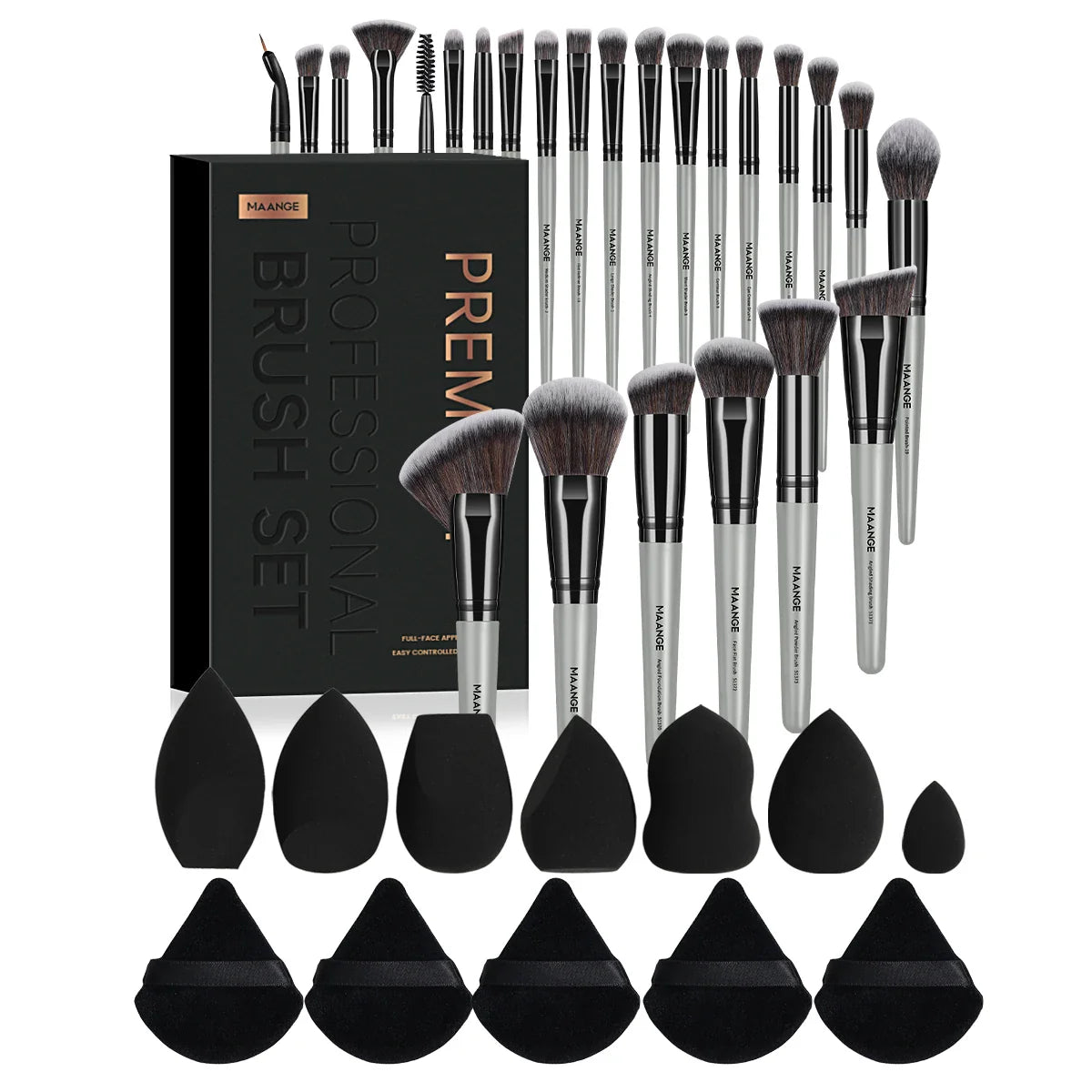 MAANGE Full Makeup Tools Kit 25pcs Foundation Concealer Makeup Brush with 12pcs Soft Cushion Sponge & Triangle Powder Puff