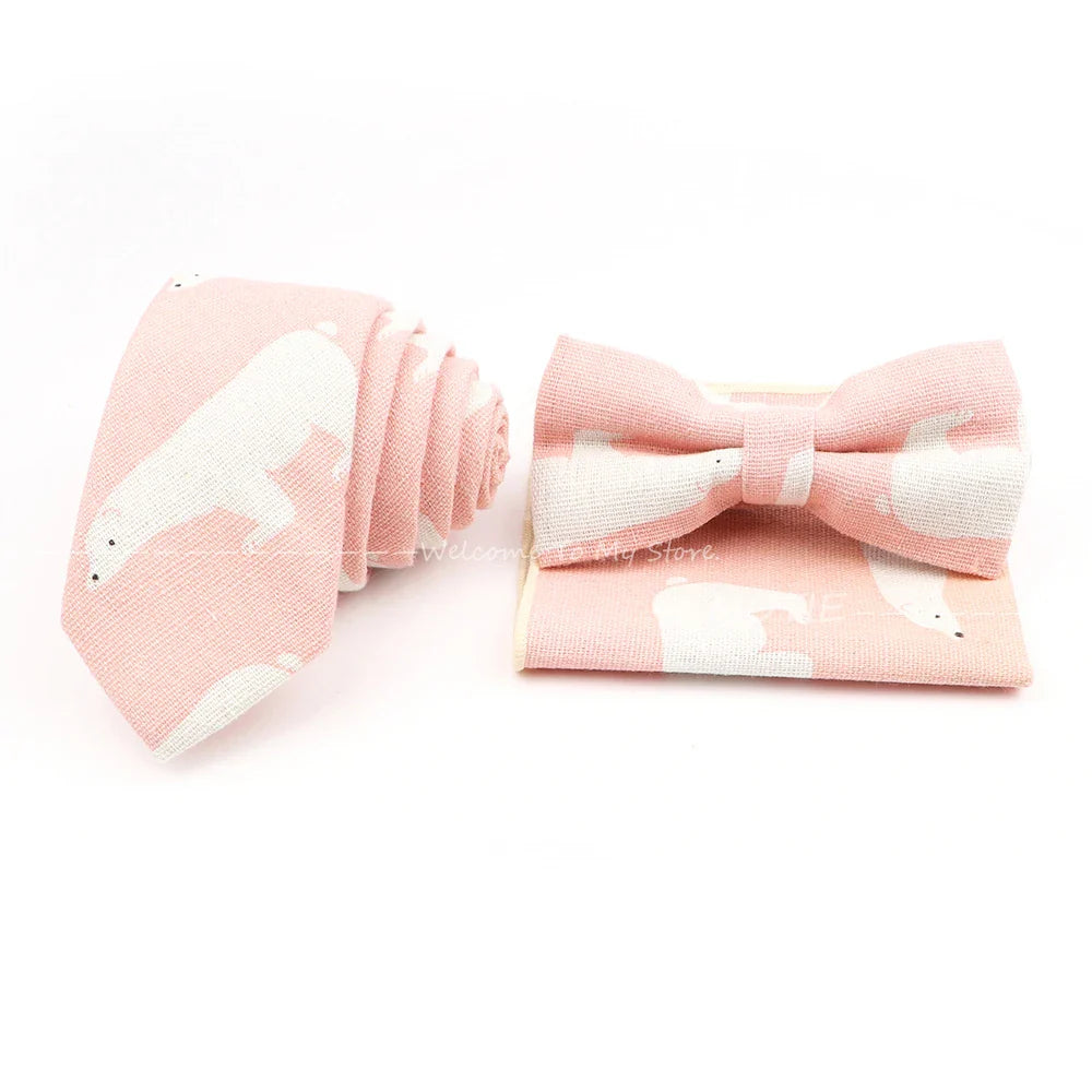 Men Linen Plant Ainmal Ties Set Pocket Handkerchief Bowtie Men Women Tuxedo Suit Unisex Business Wedding Party Accessories Gifts