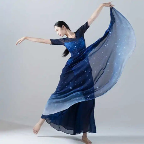 Starry Sky Blue Gradient Chiffon Dance Suit Women Large Skirt Modern Dance Classical Dance Ballet Stage Performance Clothing