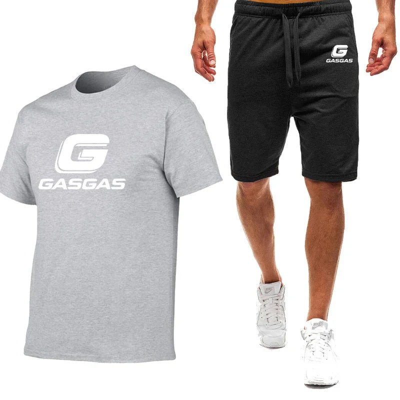 Motorcycles GasGas Summer Men's Sportswear Shorts Set Short Sleeve Breathable Grid T-Shirt Shorts Casualwear Basketball Training