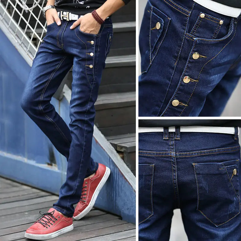 New Autumn Winter Hip Hop Kpop Brushed Denim Fabric Wash Ripped Korean Fashion Men Tight Designer Original Cowboy Slim Trousers