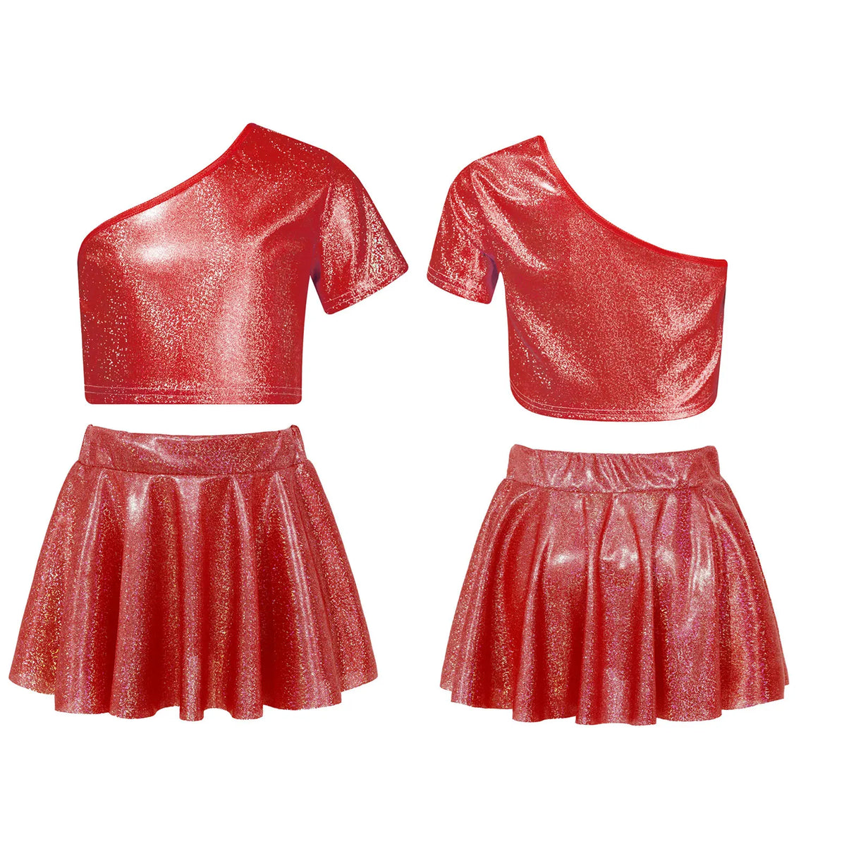 Kids Girls Street Hip Hop Dance Costumes Cheerleading Outfit Metallic Shiny One Shoulder Crop Top with Skirt Set Girl Dance Wear