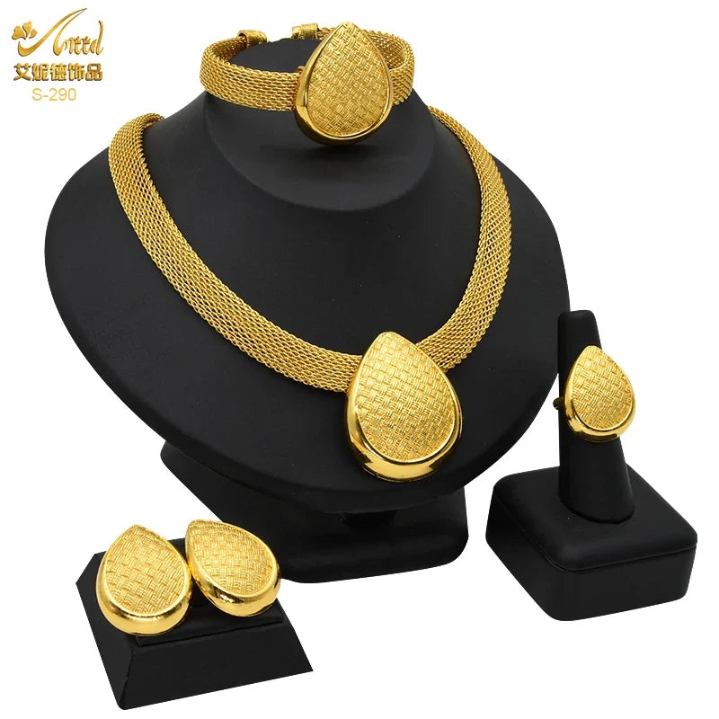 Indian Luxury Necklace Jewelry Sets For Women Dubai Gold Color African Arabic Wedding Bridal Collection Sets Earring Jewellery