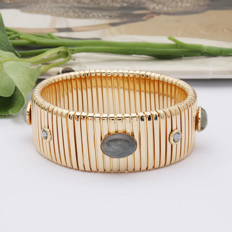 25mm Wide Spring Chain Bracelet For Woman Copper Bangle Natural Stone Malachite Bohemia Exquisite Gold Color Fashion Jewelry