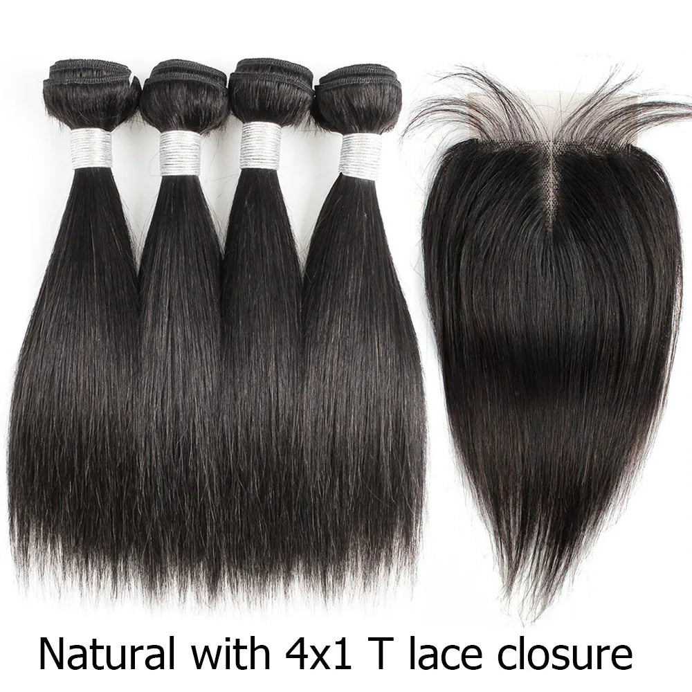 50g/pc 4 Bundles with Closure Transparent 4x1 T Lace Middle Part Ombre Ginger Blonde Straight Remy Human Hair Short Bob Style