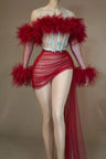 Red Mesh Sequins 2 Pcs Set Dress Cheerleading Las Vegas Showgirl Charming See Thru Drag Queen Outfit Pregnant Sexy Stage Wear