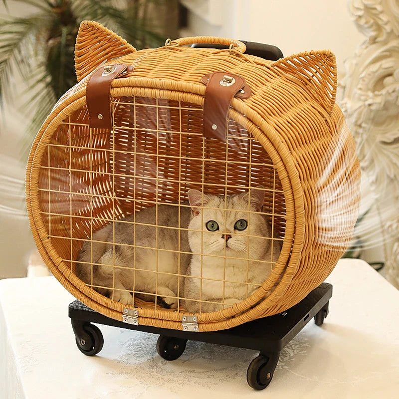 Manufacturer Direct Selling Large Space Pet Travel Carrier Bag Rattan Wicker On Wheels Stroller Trolley Pushchair