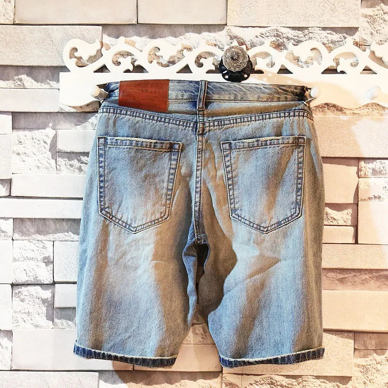 Summer Casual Punk Style Luxury Ripped Washed Jeans Denim Shorts for Men with Slim Embroidery Patch Washed Jeans Shorts for Men