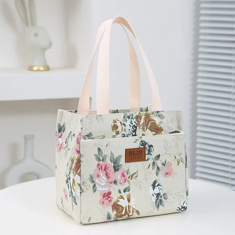 Portable Floral Print Lunch Bag Thermal Insulated Lunch Box Tote Cooler Functional Handbag Student Bento Pouch Food Storage Bags