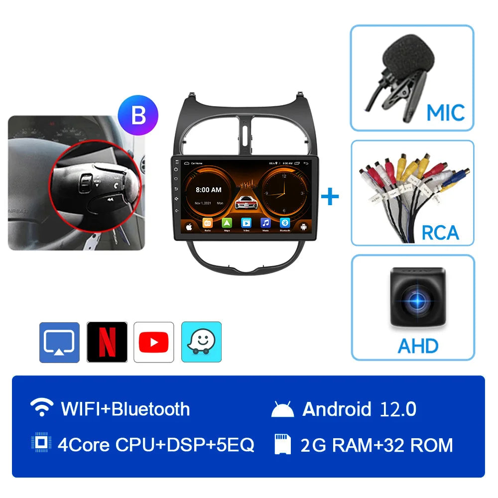 JIUYIN Car Radio For Peugeot 206 206CC 206SW 2001 - 2008 wireless CarPlay Android Auto car intelligent systems No 2 din 2din DVD