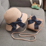 2pcs Set Summer Straw Hat With Bag For Girls Casual Bowknot Sunhat Children Protection Visor Caps Outdoor Beach Bucket Hat