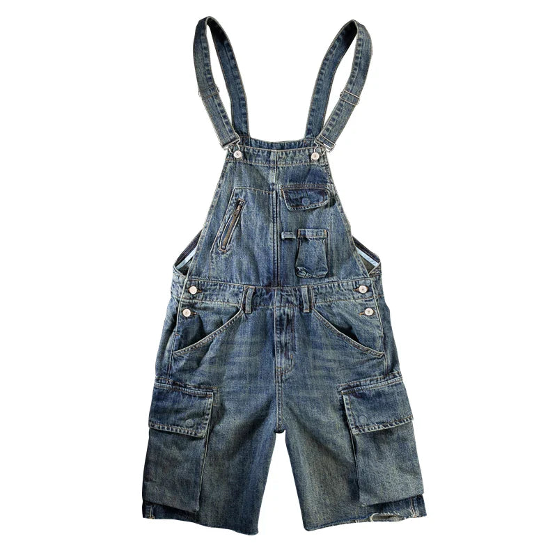 Men Denim Bib Overalls Shorts Summer Multi Pockets Cargo Jeans Casual Distressed Fringe Loose Coveralls Jumpsuits