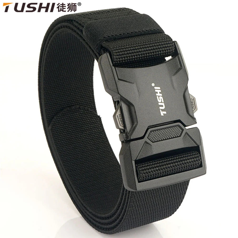 TUSHI NEW Quick Release Aluminum Alloy Pluggable Buckle Elastic Belt For Men Durable Tactical Belts Cowboy Outdoor Army Hunting