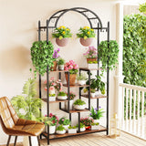 5-Tier Tall Indoor Plant Stand, 74.8'' Arched Metal Flower Shelf with Hanging Hooks, Large Bonsai Pots Display Rack for Garden