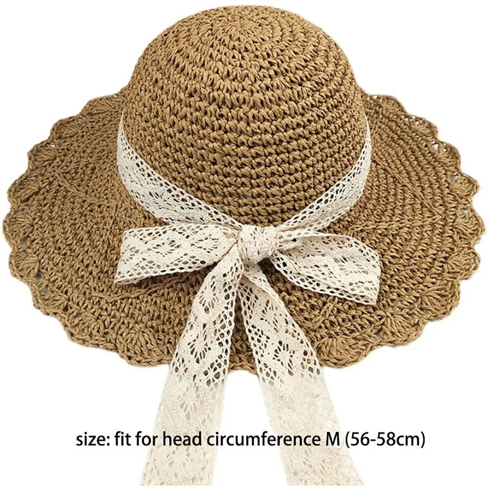 Wide Brim Straw Hat Foldable Big Lace Bow UV Protection Cover Hat Korean Version Summer Hats Travel