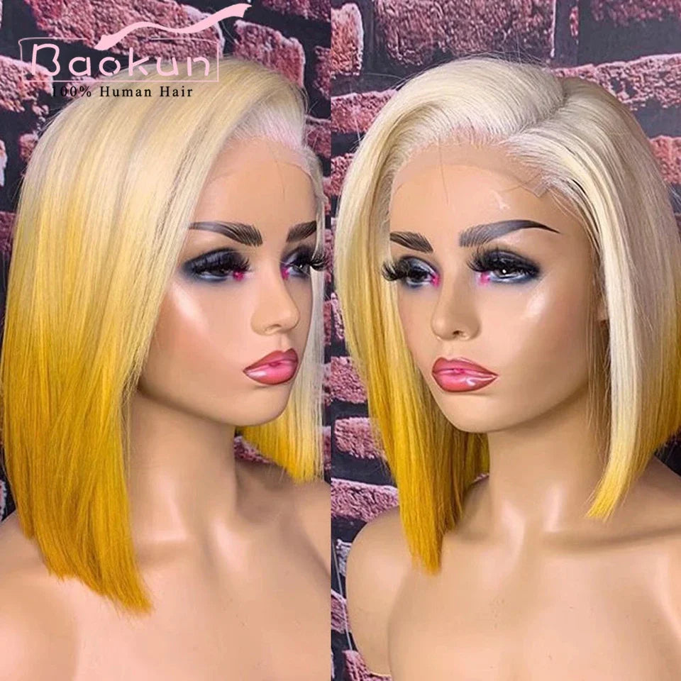 13x4 Colored Short Bob Wig Lace Front Human Hair Wigs Yellow Ginger Highlight Wig HD Transparent 360 Lace Frontal Wig Human Hair