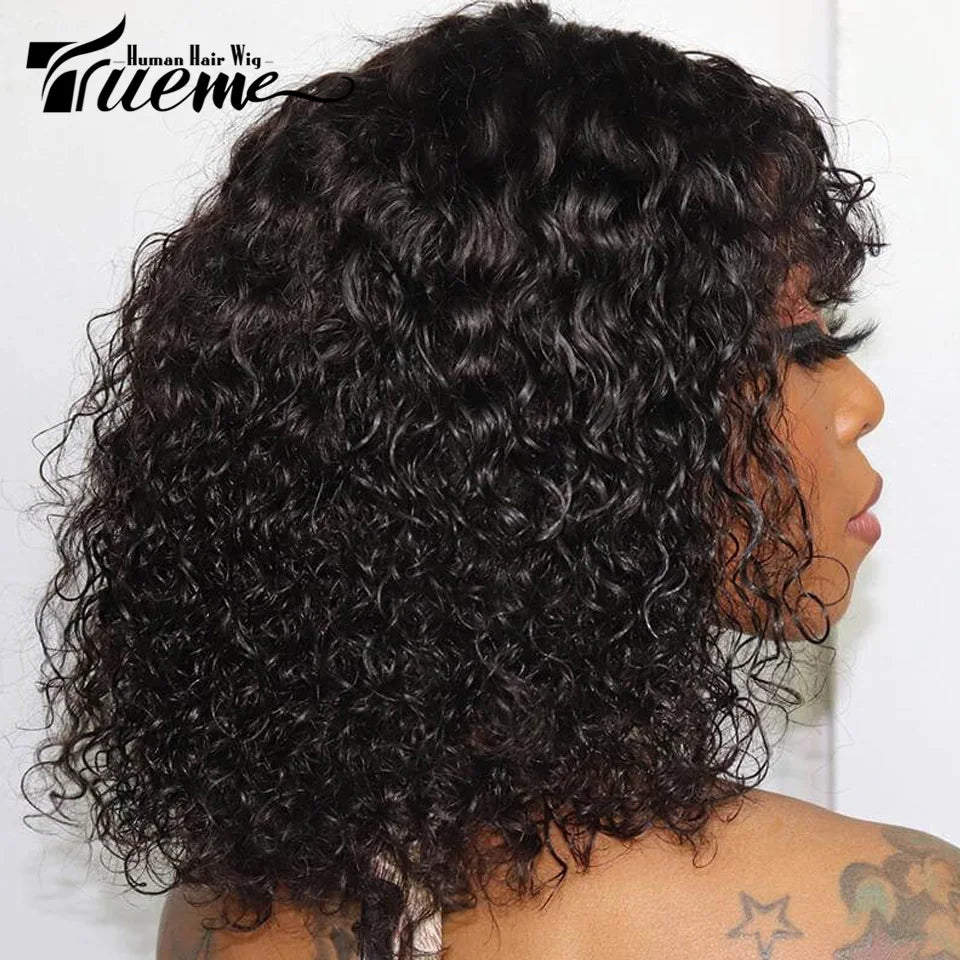 Trueme Curly Human Hair Wigs Colored Brazilian Bob Human Hair Wigs For Women Ombre Black Brown Deep Curly Full Wig With Bangs