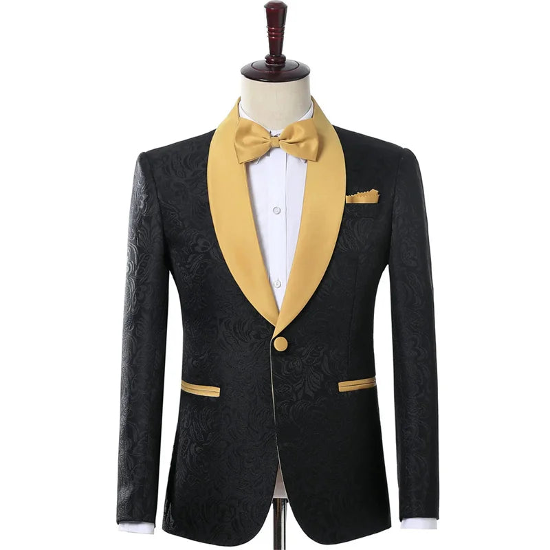 Floral Wedding Suits for Men with Gold Shawl Lapel 2 Pieces Slim Fit Groom Tuxedo Formal Fashion Male Suit Jacket with Pants