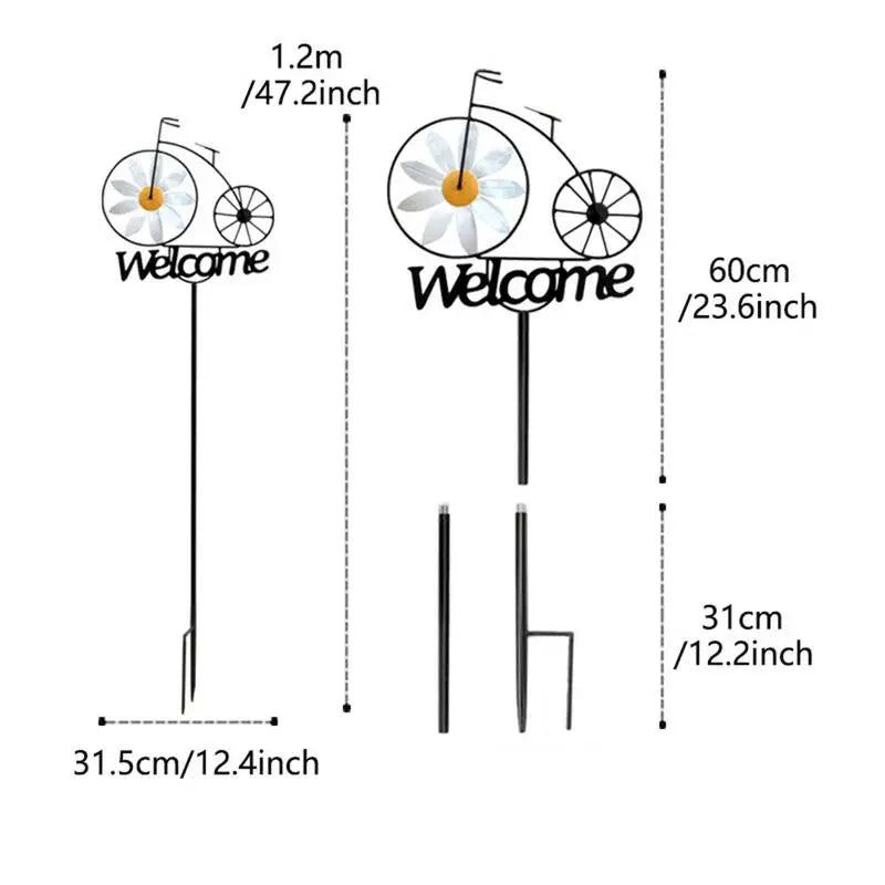 Garden Welcome Stake Garden Iron Stakes With Windmill Bicycle Design Outdoor Spinning Wheel Sunflower Wind Spinner Outdoor decor