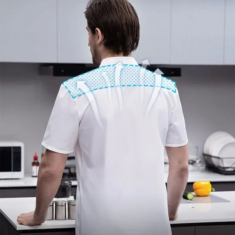 Men's Chef Jacket Short Sleeve Kitchen Clothes White Restaurant Waiter Uniform Food Catering Cook Coat Bakery Cafe Workwear