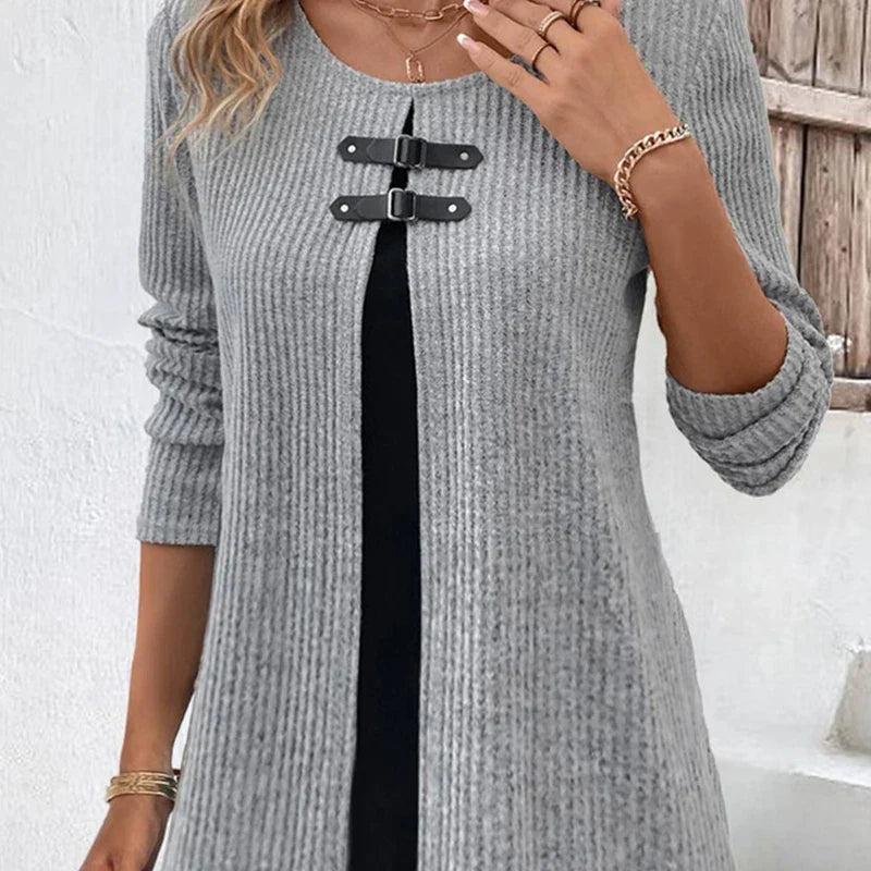 Woman Fake Two-Piece Long Sleeved Dress Plus Size Fashionable in Autumn Winter Versatile Knitted Knee Length Slim A-Line Dress