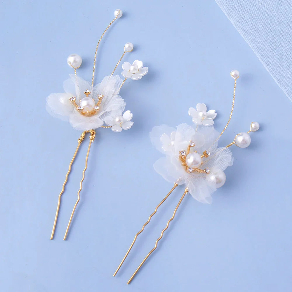 3PCS Flower Hairpin Bride Headdress For Women Pearl Mesh U-shaoped Hair Clips Fashion Girls Wedding Hair Accessories Jewelry