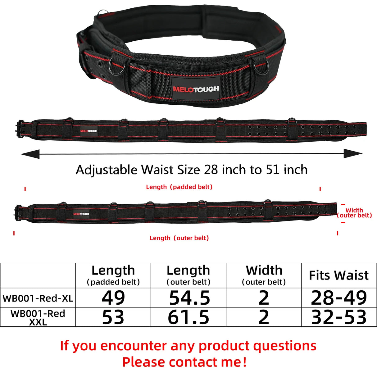 MELOTOUGH Padded Tool Belt with D ring for men construction Strong Durable Double Metal Roller Buckle,adjustable waist