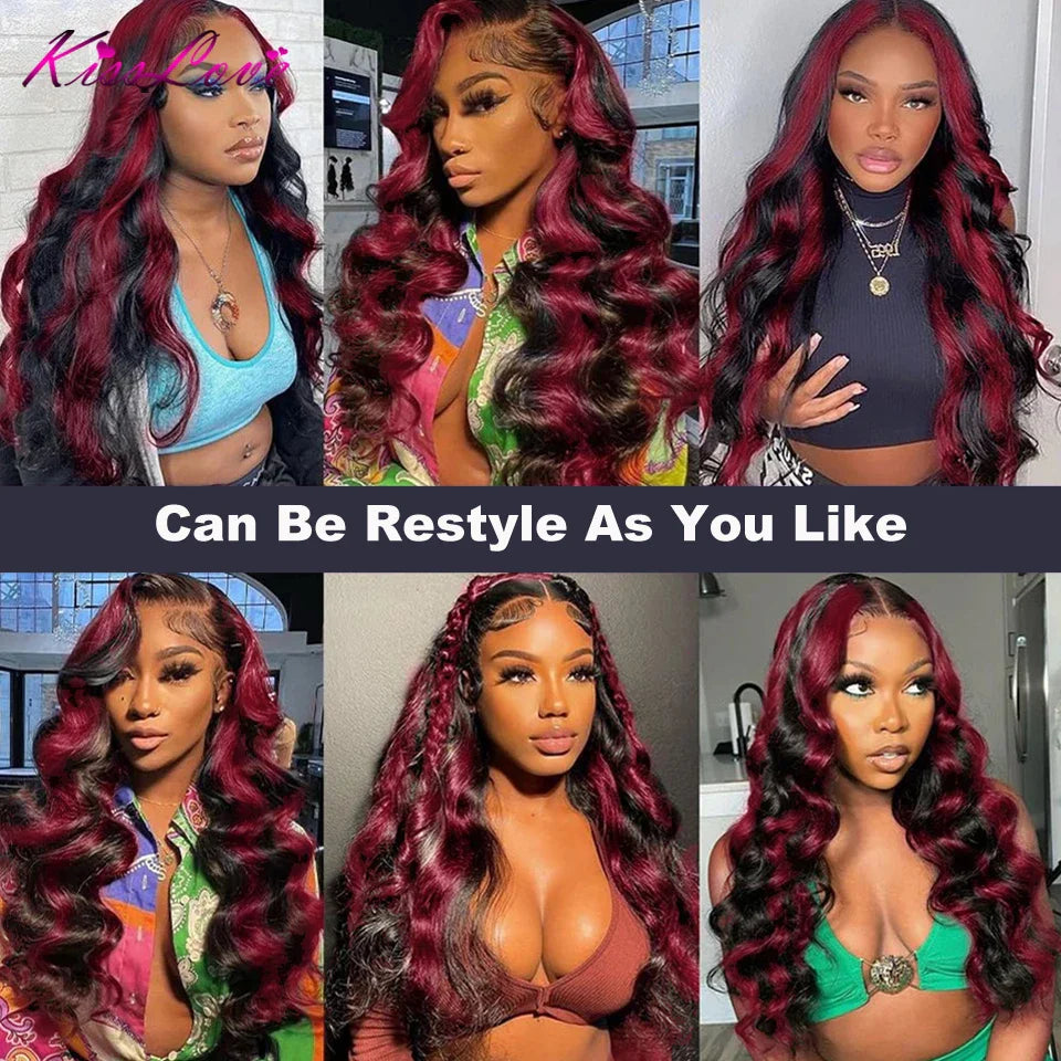 1B/99J Burgundy Transparent Lace Front Human Hair Wig Red Highlight 13x4 Pre Plucked Colored Body Wave 13x6 HD Lace Frontal Wigs