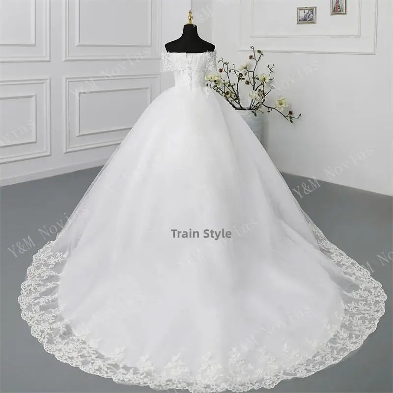 Y&M Novias Off Shoulder Plus Size Vestido De Noiva 2024 Wedding Dress Long Train or Floor Appliqes Pearls Bridal Tulle Mariage