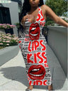 LW Plus Size Dress Summer Outfits Women Clothing Street Lip Letter Print Red Ankle Length Sporty Sleeveless Tank V Neck Sheath