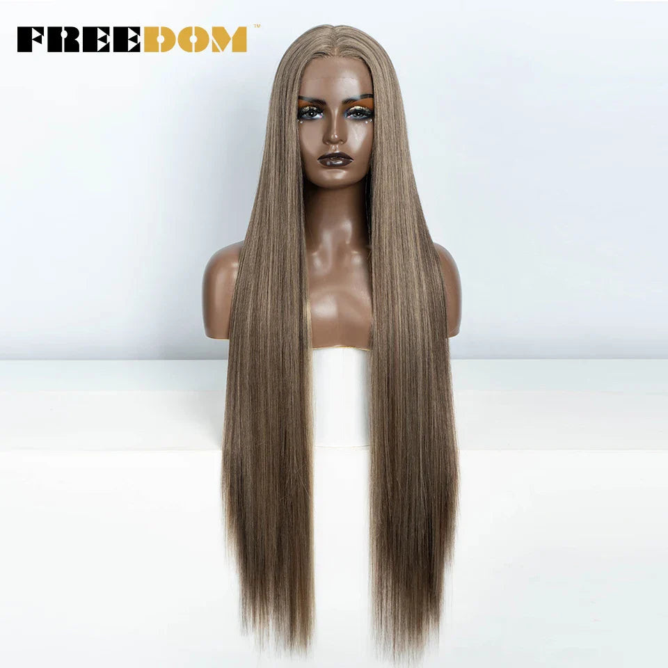 FREEDOM Synthetic Lace Frontal Wig For Women 38 Inch Long Straight Ombre Brown Red Ginger Hightlight Lace Front Wigs Cosplay Wig